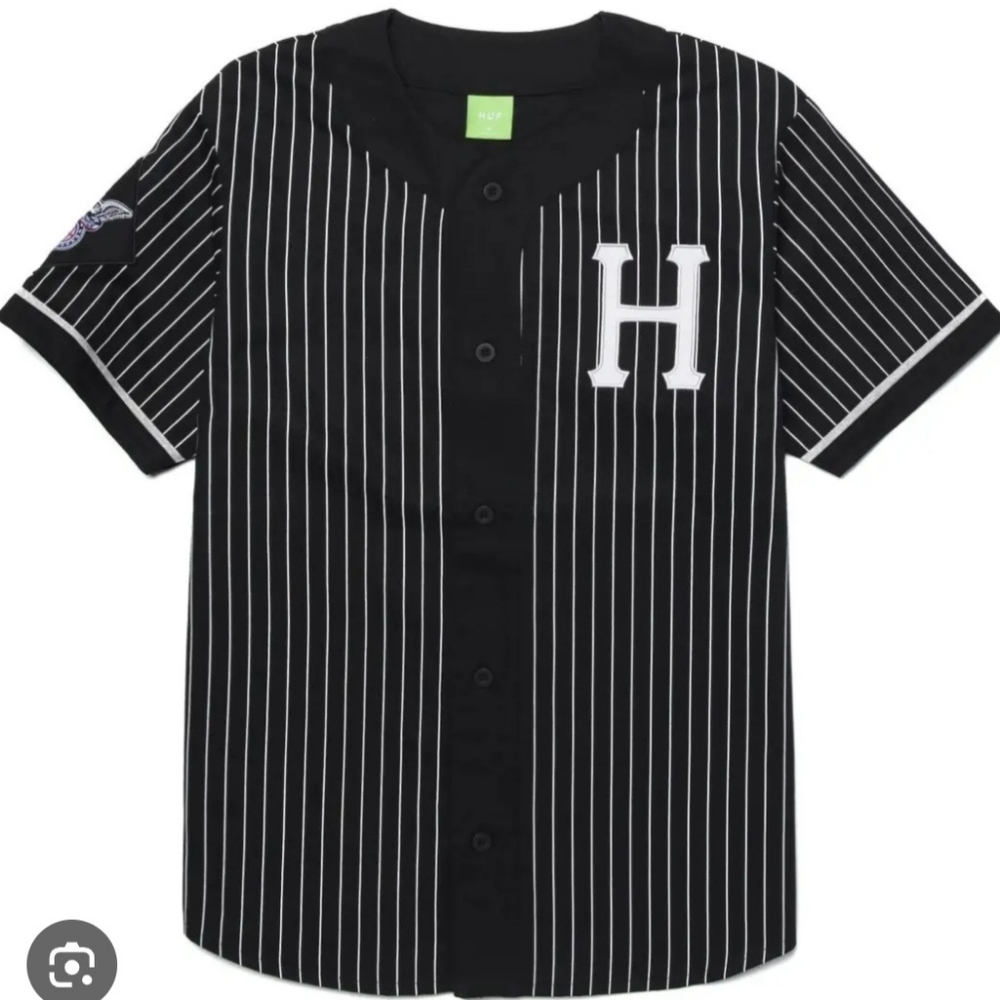 HUF Black Pinstripe Baseball Jersey with White H Patch